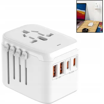 Cestovní adaptér do zásuvky pro více než 170 zemí - 2x USB-A, 2x USB-C, bílý