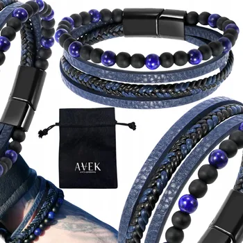 Náramek PÁNSKÝ NÁRAMEK S KORÁLKY LAPIS LAZULI, KOŽENÝ, MODRÝ, JAKO DÁREK, 21 CM