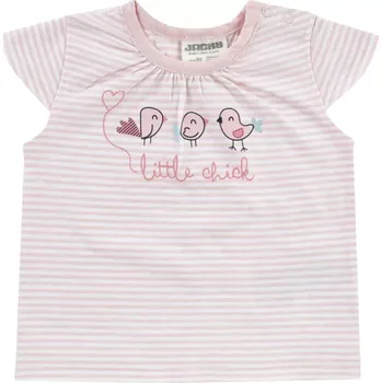 Kojenecké oblečení Dětské bavlněné tričko s krátkým rukávem a potiskem ptáčků "Little Chick" – růžovo-bílé proužky