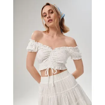 Dámské tričko Sinsay - Crop top s ozdobným vázáním - krémová - 7906J-01X - 7906J-01X-XL