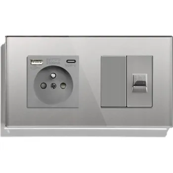 Elektrická zásuvka DVOJITÁ SKLENĚNÁ ZÁSUVKA 2F 157mm USB A+C INTERNET RJ45 CAT5e