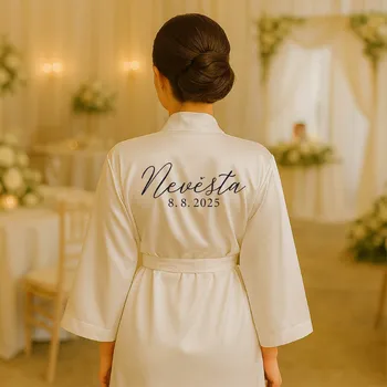 Dámský župan Saténový župánek s potiskem NEVĚSTA a datem svatby Barva: Bílý župánek, Velikost: S, Varianta: Bez svíčky