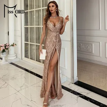 Dámské šaty Plesové maxi šaty se zavinovacím efektem LissCord Barva: Zlatá, Velikost: XL