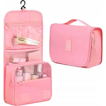 Kosmetická taška CESTOVNÍ KOSMETICKÁ TAŠKA DÁMSKÁ ZÁVĚSNÁ S HÁČKEM RŮŽOVÁ PŘIHRÁDKY NA KOSMETIKU
