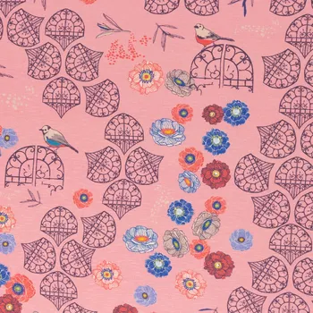 Viskózový úplet – ptáčci v zahradě růžová