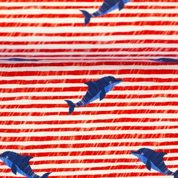 Bavlněný úplet Nautical - delfíni a červené proužky