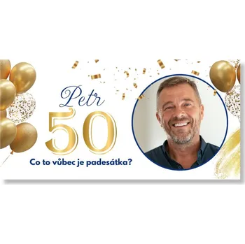 Personalizovaný Narozeninový banner s fotkou - Zlatá 50 Rozměr banner: 130 x 65 cm