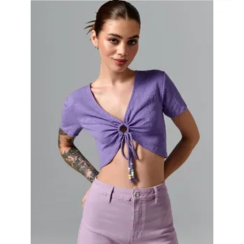 Dámské oblečení Sinsay - Crop top s ozdobným vázáním - levandulová - 5828F-04X - 5828F-04X-L