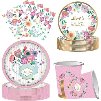 Party dekorace Papírové nádobí na narozeniny 68 ks - květiny