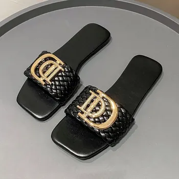 Dámské pantofle Letní sandály s tkaným designem pro volný čas Barva: Černá, Velikost: 42