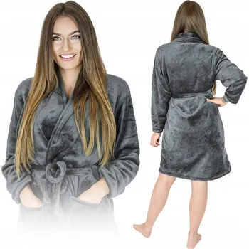 Dámský župan TEPLÝ ŽUPAN TMAVĚ ŠEDÝ DÁMSKÝ PÁNSKÝ KAPSY MIKROVLÁKNO TEPLÁKOVKA M