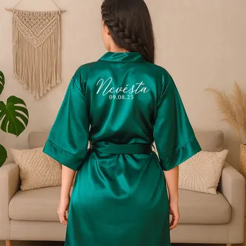 Dámský župan Saténový župánek s potiskem NEVĚSTA a datem svatby Barva: Zelený župánek, Velikost: XL, Varianta: Bez svíčky