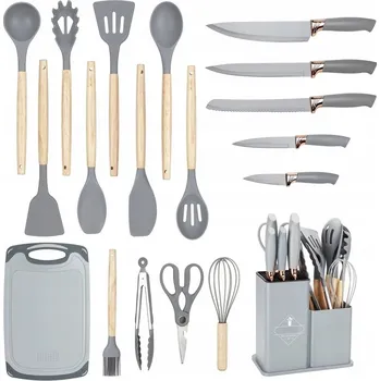 Kuchyňský nůž Sada kuchyňských nožů Elitehoff 5 nožů + 12 kusů kuchyňského náčiní + prkénko + blok na nože