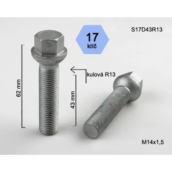 Šroubek na kolo Kolový šroub M14x1,5x43 koule R13, klíč 17, S17D43R13G, BIMECC