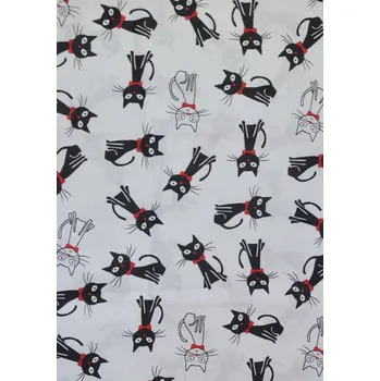 Bavlněná česká látka šíře 160cm - kočky černé, bílé s červenou mašlí na bílé (50cm)