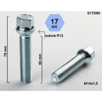 Šroubek na kolo Kolový šroub M14x1,5x60 koule R12, klíč 17, BIMECC