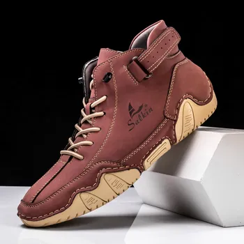 Pánská běžecká obuv Pánské kotníkové boty z kůže pro outdoor a volný čas Barva: Červená, Velikost: 43