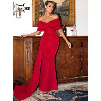 Dámské šaty Dlouhé šaty s odhalenými rameny a vlečkou Barva: Červená, Velikost: S