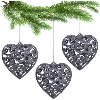 Vánoční dekorace Antracitové vánoční vánoční baňky ve tvaru srdce, sada prolamovaných baněk 10,5 cm, 3 ks