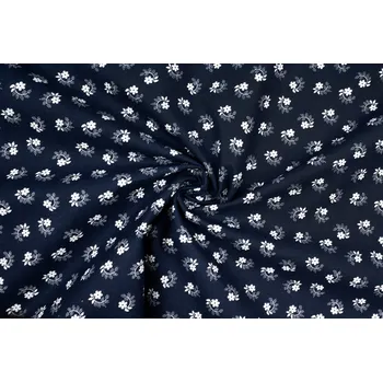 Bavlněné plátno bílé kytičky s lístky na modré