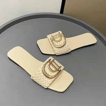 Dámské pantofle Letní sandály s tkaným designem pro volný čas Barva: Béžová, Velikost: 38