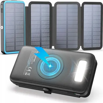 Powerbanka SOLÁRNÍ POWERBANKA 27000mAh, 4 PANELY, 22,5W, SVÍTILNA, INDUKČNÍ NABÍJENÍ, ČERNÁ