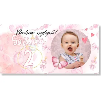 Party dekorace Personal Narozeninový banner s fotkou - Light pink Rozměr banner: 130 x 260 cm