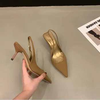 Dámské lodičky Dámské sandály s páskem na patě a tenkým podpatkem Barva: Khaki, Velikost: 37