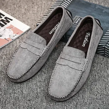 Pánské mokasíny semišové mokasíny s výrazným šitím a vyšší podrážkou Barva: Šedá, Velikost: 39