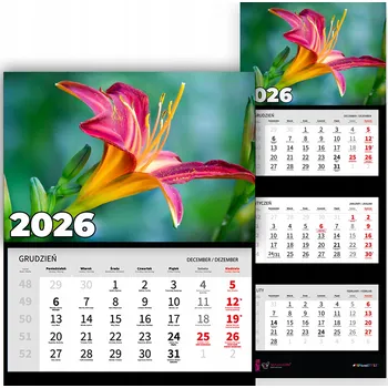 Kalendář Trojdílný kalendář na rok 2026, měsíční, nástěnný, kancelářský - LILIE - RŮZNÉ VZORY