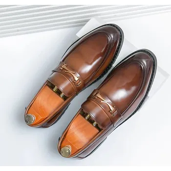 Pánské polobotky Pánské kožené slip-on mokasíny pro formální příležitosti Barva: Hnědá, Velikost: 40