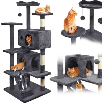 Škrabadlo pro kočky, stabilní, vysoké, 7 úrovní, tmavě šedé 138cm