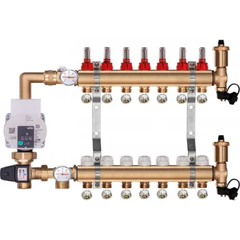 rozdělovač topení Mosazný rozdělovač pro podlahové topení 7 okruhů s ČERPADLOVOU SKUPINOU WILO + PEX šroubení