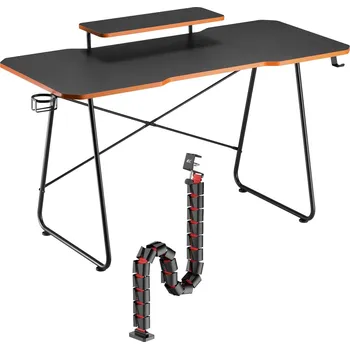 Psací stůl Herní stůl s policí na monitor NanoRS, max. 50 kg, výška 850 mm, černá, RS170 + Organizér kabelů / mřížka na stůl Nano RS, 1345 mm, černo-červená, RS125