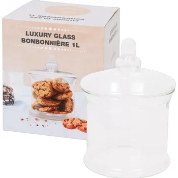 Dóza na potraviny SKLENĚNÁ NÁDOBA S VÍČKEM BONBÓNY CUKROVINKY ČOKOLÁDOVÁ BONBONIÉRA