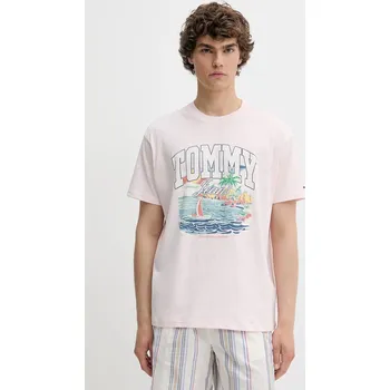 Pánské tričko Bavlněné tričko Tommy Jeans pánské, růžová barva, s potiskem, DM0DM21867 03A, vel. XL