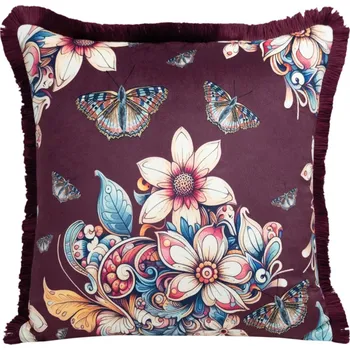 Povlak na polštářek Dekorativní povlak na polštář 43x43 sametový s třásněmi, pastelové květiny a motýli