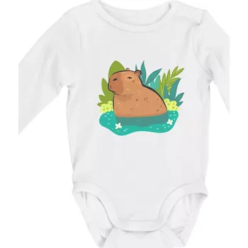 Kapybara ve vodě - Body kojenecké s dlouhým rukávem - Dlouhý r. do 3 měs ( Bílá )