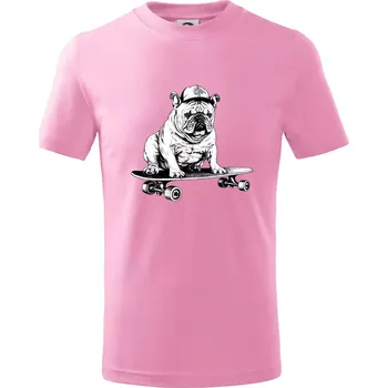 Černobílý buldok na skateboardu - Tričko dětské bavlněné - 122 cm/6 let ( Růžová )