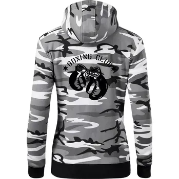 Dámská mikina Boxing club nápis - Dámská mikina trendy zipper s kapucí - S ( Šedý maskáč )
