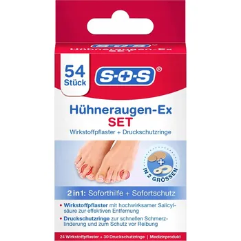 Náplast SOS Sada na kuří oka: Náplasti s kyselinou salicylovou a ochranné kroužky, 54 ks