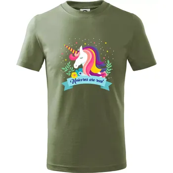 Unicorns are real duhový - Tričko dětské bavlněné - 98 cm / 2 roky ( Khaki )