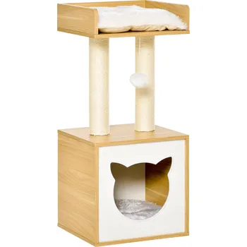 Pelíšek pro kočku Pawhut kočičí jeskyně se 2 měkkými polštáři kočičí strom s pelíškem pro kočky hračka míč kočičí domeček, sisal přírodní 35 x 35 x 81 cm