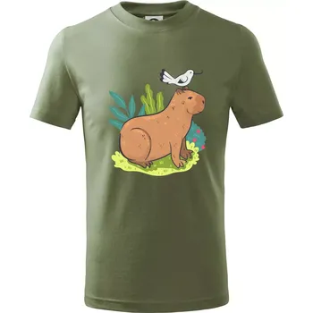 Dětská móda Kapybara a ptáček - Tričko dětské bavlněné - 104-110cm / 3-4 roky ( Khaki )