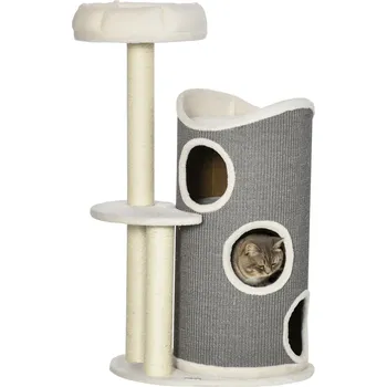 Pelíšek pro kočku Škrabadlo PawHut s pelíškem a škrabacím barelem pro kočky, 60 cm x 44,5 cm x 109 cm, šedá + přírodní + bílá barva