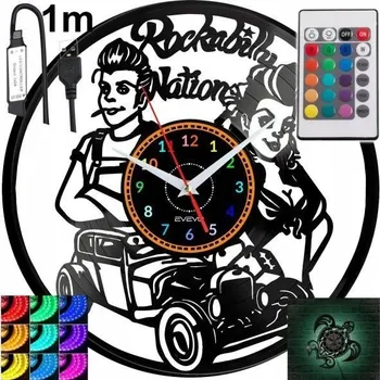 Hodiny Rockabilly Nástěnné Hodiny s LED RGB Podsvícením a Dálkovým Ovládáním - Vinylová Deska Nové