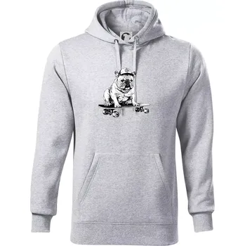 Pánská mikina Černobílý buldok na skateboardu - Mikina pánská Cape s kapucí - M ( Světlešedý Melír )