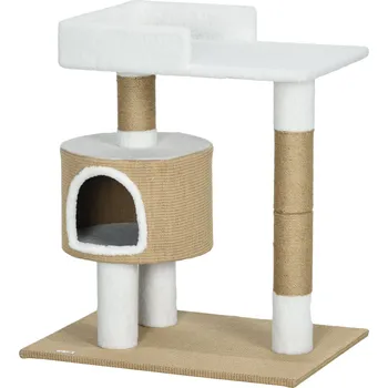 Pelíšek pro kočku PawHut škrabadlo kočičí strom kočičí jeskyně, 1 kočičí jeskyně, 1 plocha na ležení, 70 cm x 49 cm x 79 cm, přírodní + bílá barva