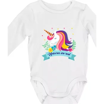 Unicorns are real duhový - Body kojenecké s dlouhým rukávem - Dlouhý r. 6-12 měs ( Bílá )