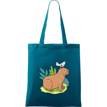 Nákupní taška Kapybara a ptáček - Taška bavlněná - 42 x 38 cm ( Petrolejová )